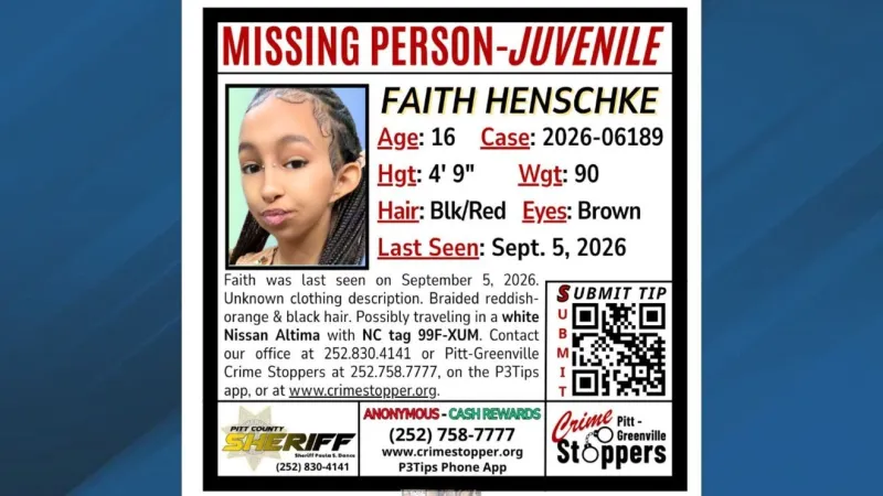 Pitt County deputies seek missing 16-year-old Faith Henschke last seen Sept. 5