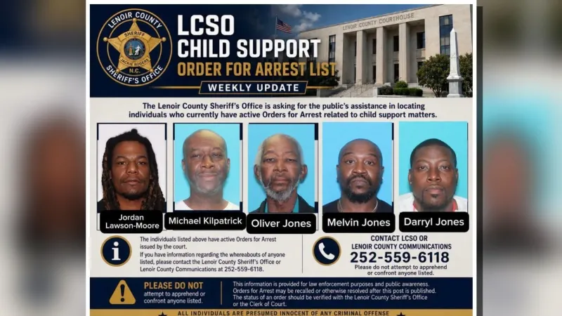 Lenoir County Sheriff's Office highlights active child support orders for arrest