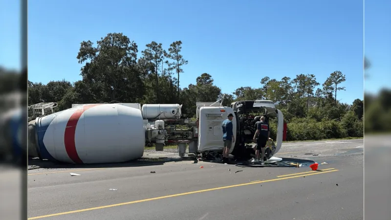 Cement truck overturns on N.C. 24 in Newport