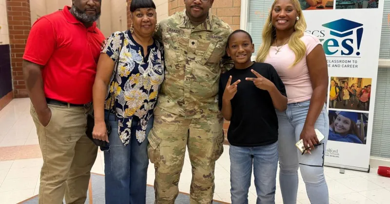 A soldier's surprise homecoming brings tears and cheers to Guilford County school