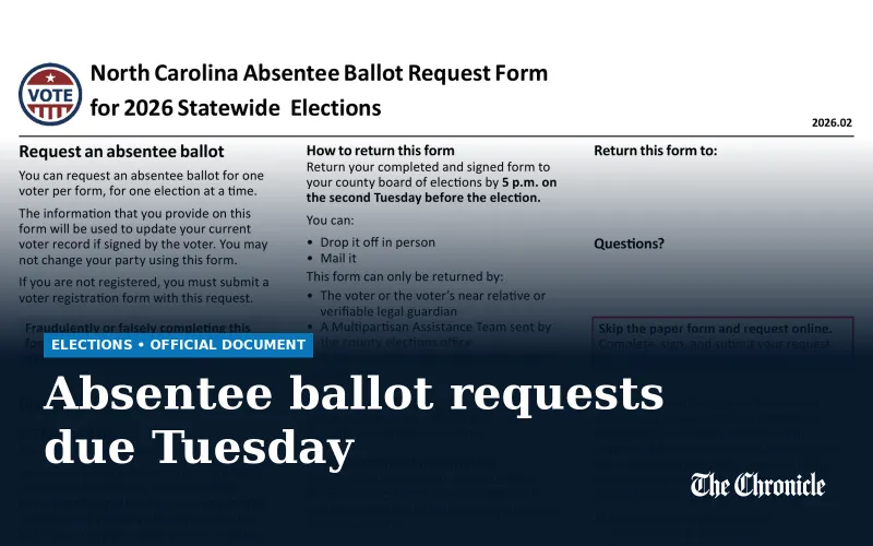 Absentee ballot requests are due Tuesday at 5 p.m.