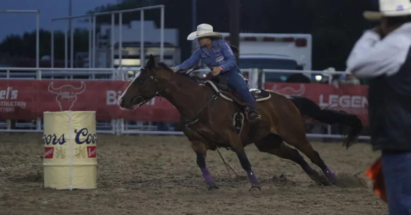Four-time barrel racing champion Hailey Kinsel competes during final night of Buffalo Bill Rodeo