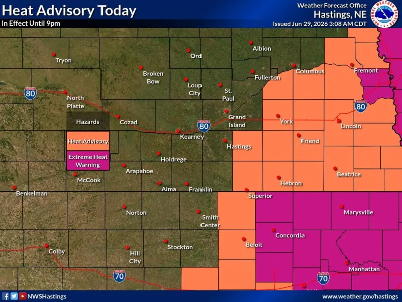 Heat Advisory issued for eastern parts of NWS Hastings region through 9 p.m.