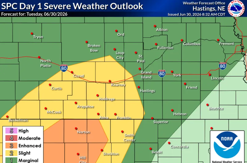 Slight Risk for severe weather extends into south central Nebraska on Tuesday