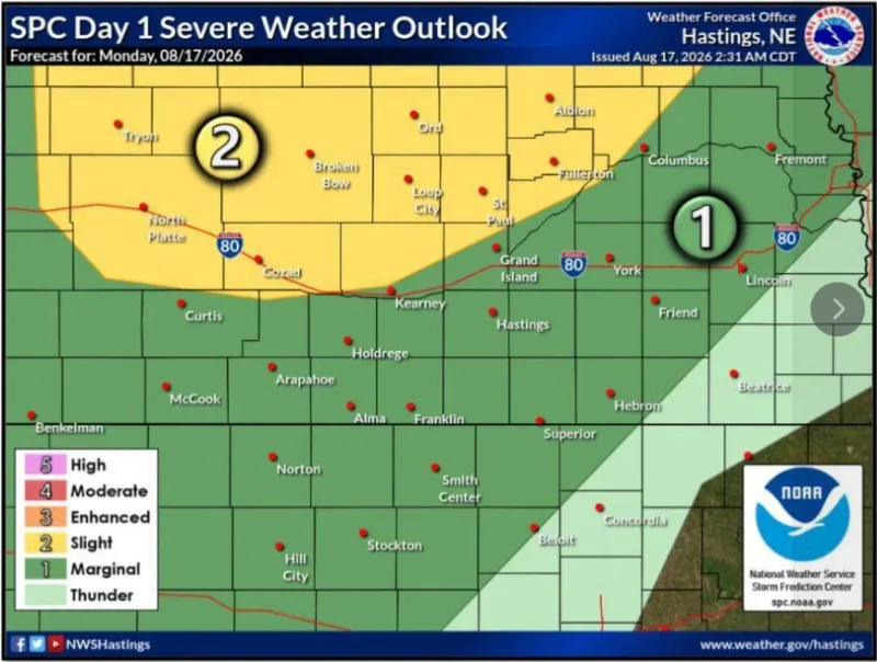 Slight Risk of severe weather across north central Nebraska on Monday evening