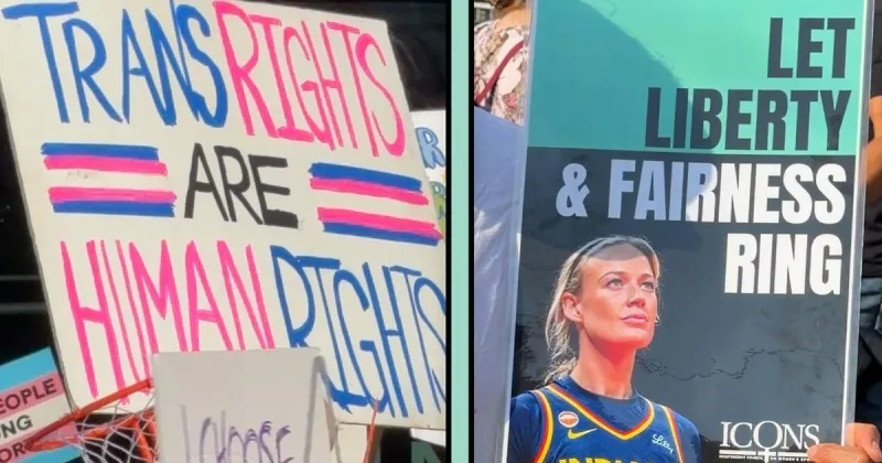 Outside a sold-out WNBA game, dueling protests mirror America's transgender-athlete debate