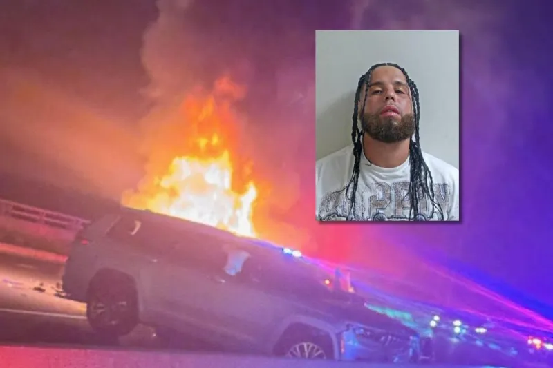 Cop jumps over barrier to escape fiery crash