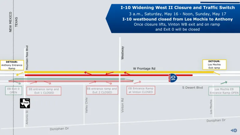 Traffic Switch: I-10 westbound closed for 33 hours between Los Mochis and Anthony