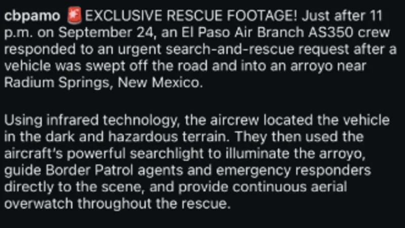 El Paso CBP Air Branch crew aids rescue after vehicle swept into arroyo near Radium Spring