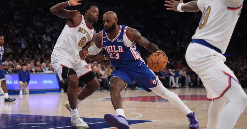 76ers win opening game with LeBron James and Jaylen Brown, beating NBA champion Knicks 106-100