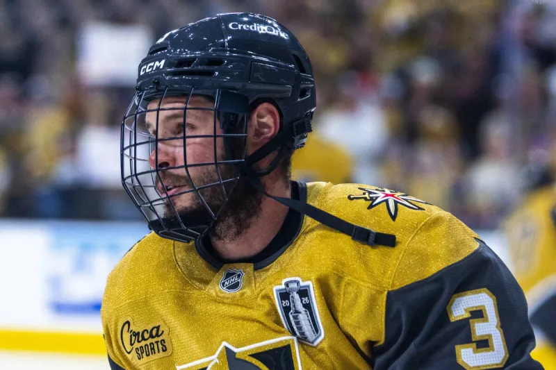 After taking puck to face, Knights' defenseman makes game-time decision for Game 3