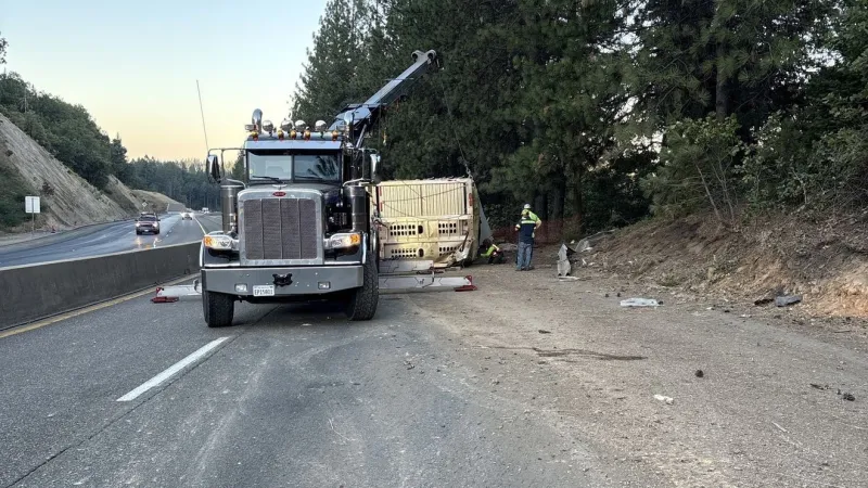 Westbound I-80 reopens near Magra after pig-hauling semi overturns in Placer County