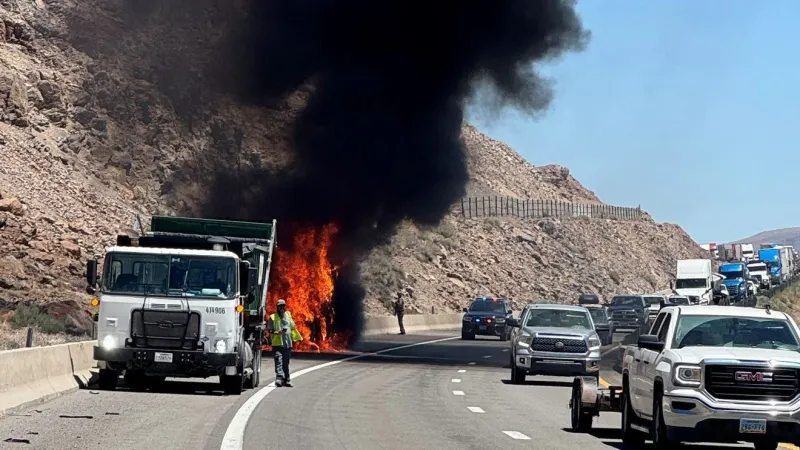 Truck catches fire on I-80 near Patrick, sends plume of smoke up