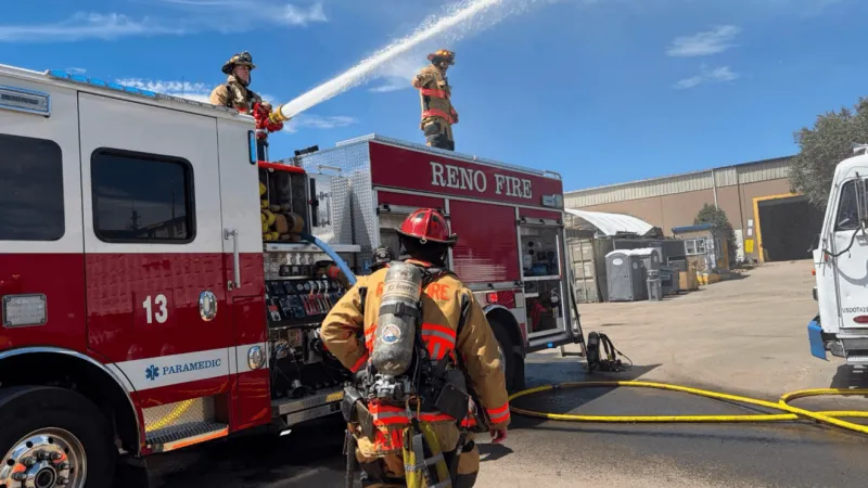 Reno fire crews respond to business smoke call and recycling trailer blaze on Saturday