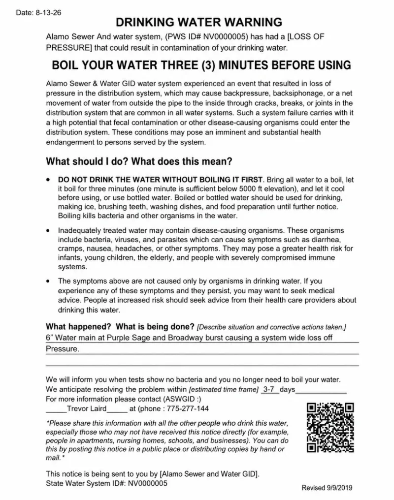 Boil Water Warning issued for Alamo following water main break