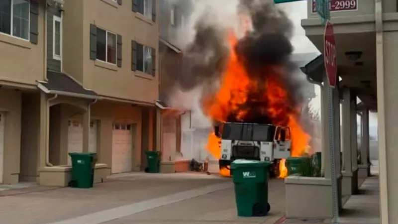 Firefighters battle fully involved trash truck fire near Hug High School