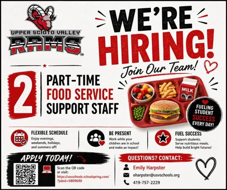 Upper Scioto Valley School District Hiring Part-Time Food Service Support Staff