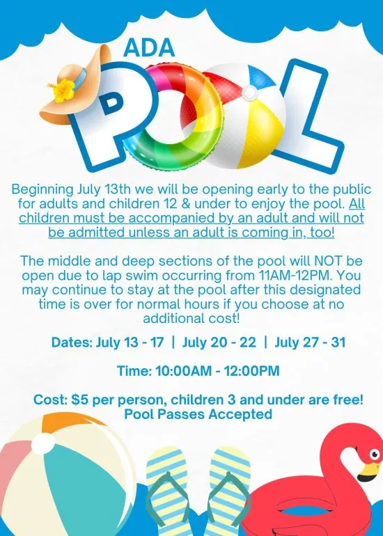 Ada Pool Announces Early Swim Hours Through End of July