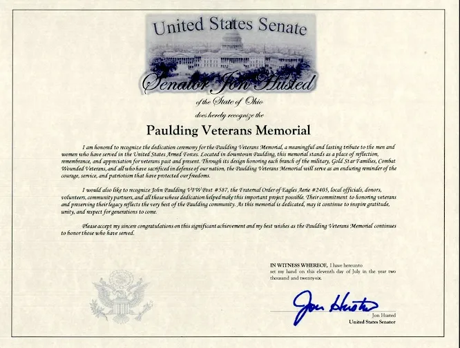 U.S. Senator Husted Recognizes Paulding Veterans Memorial Dedication