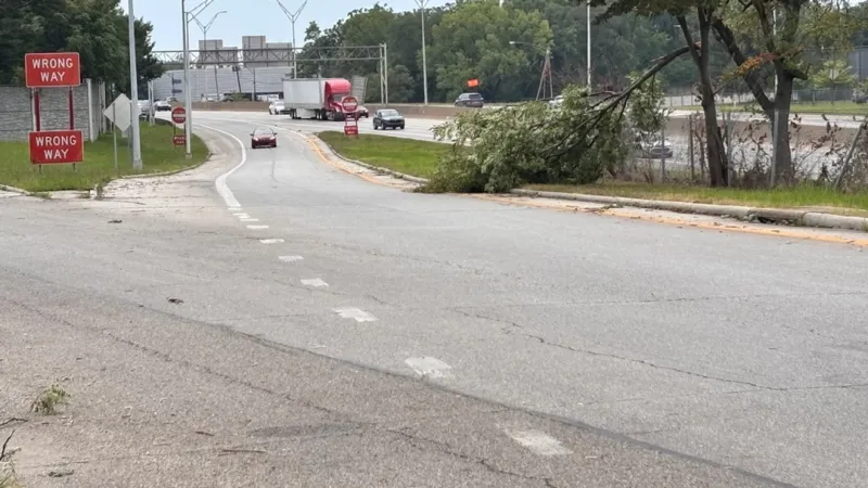 Winds spin box van on I-71 exit ramp, van left facing wrong direction