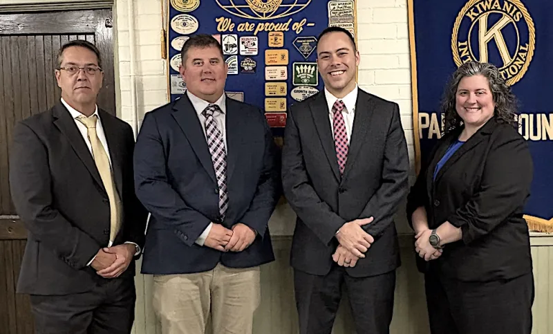 Employees of Antwerp Exchange Bank speak to Kiwanis