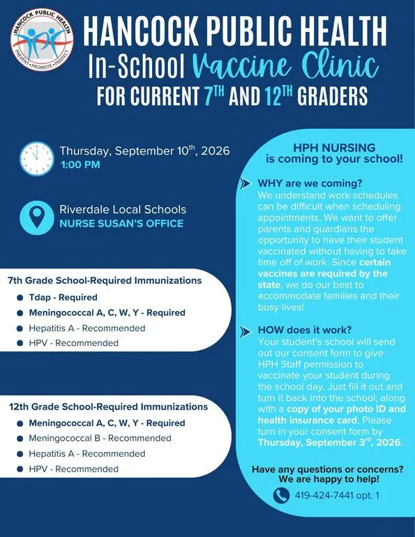 Hancock Public Health Vaccine Clinic Set for Riverdale Students September 10