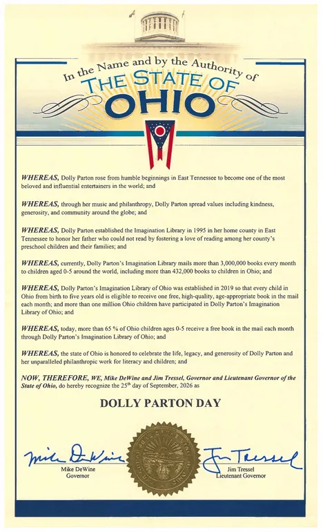 Governor DeWine Issues Proclamation Declaring Dolly Parton Day on September 25, 2026