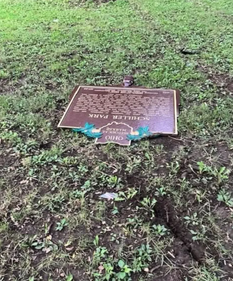 Car crash through Columbus park; historical marker damaged