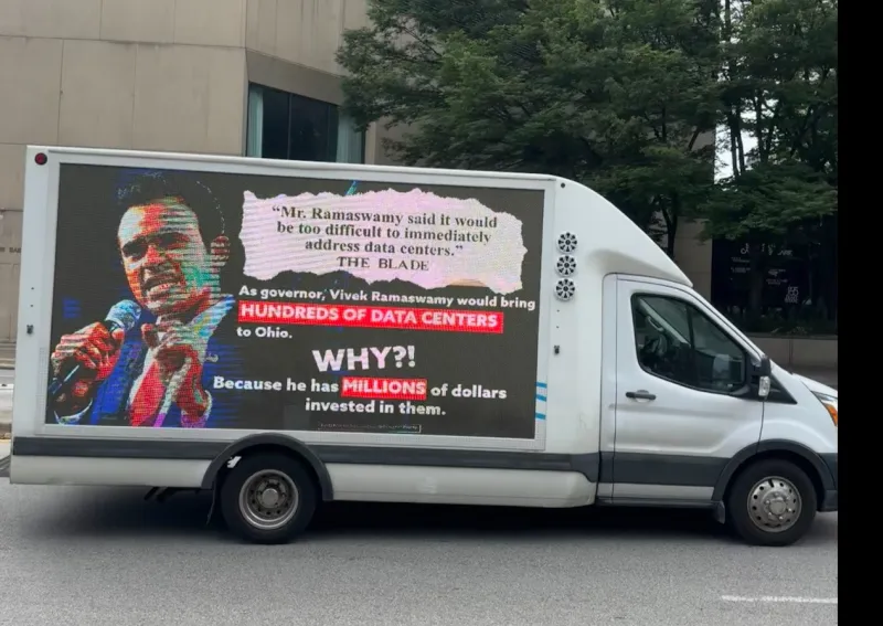 Mobile Billboard Highlights Ramaswamy's Millions in Data Center Investments Outside Ohio Statehouse