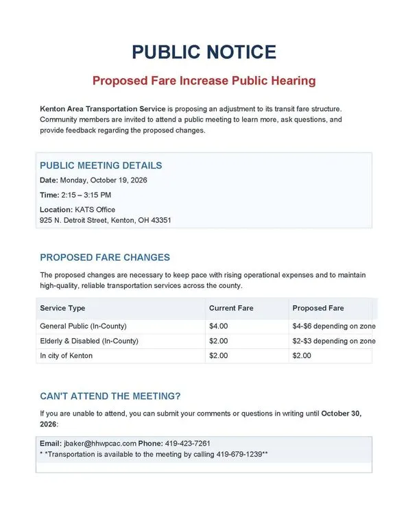 KATS Proposes Transit Fare Increase; Public Meeting Set for October 19
