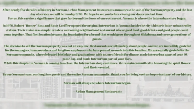 Interurban to close Norman restaurant after nearly 50 years