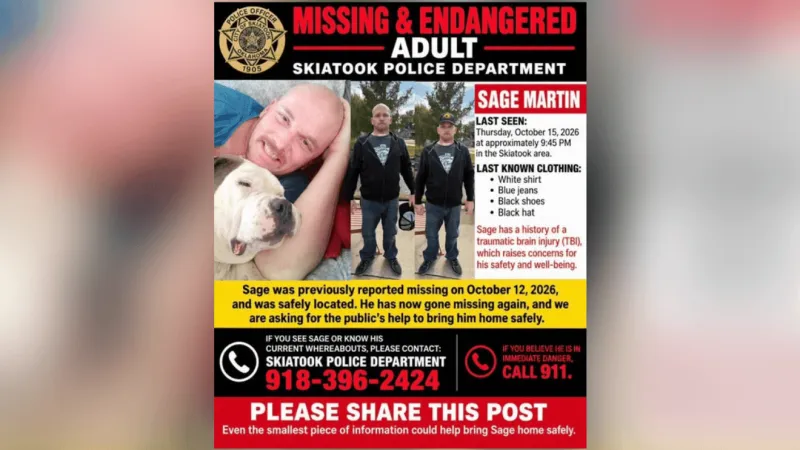 Skiatook Police Department looking for missing man with history of traumatic brain injury