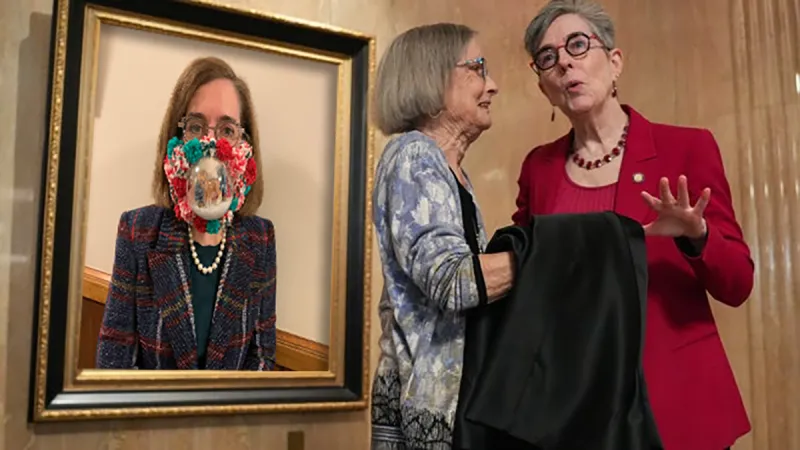 Oregon State Capitol Unveils Kate Brown Portrait In Iconic COVID Christmas Snow Globe Mask