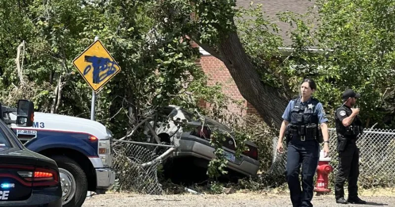 High-speed chase ends with vehicle crashing through fence, hitting tree
