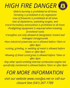 COOS FPA MOVES TO HIGH FIRE DANGER EFFECTIVE MONDAY