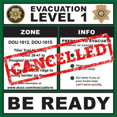 EAST EVANS CREEK FIRE: EVACUATION NOTICES CANCELED IN DOUGLAS COUNTY