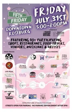 FIFTH FRIDAY HAPPENING IN DOWNTOWN ROSEBURG FRIDAY NIGHT
