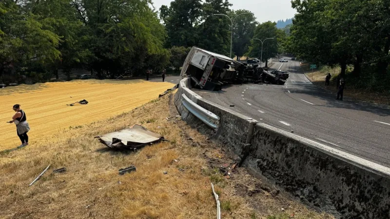 SW Naito Parkway closed after semi spills grain onto roadway following 2-car crash