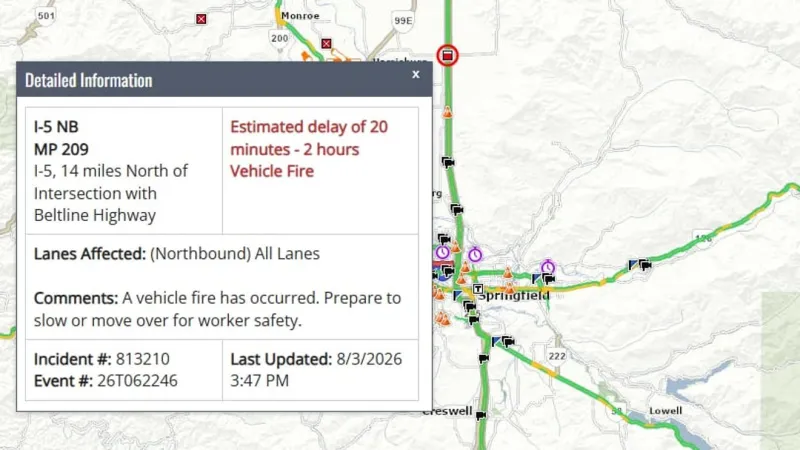 I-5 vehicle fire at milepost 209 affects northbound lanes