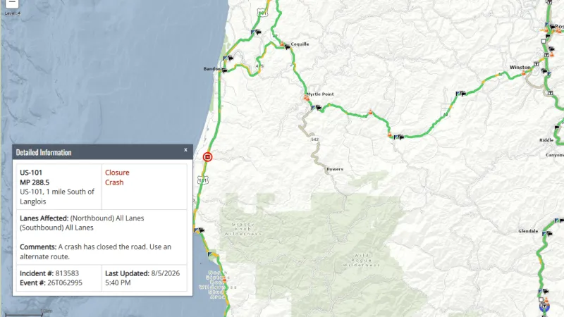 US 101 closed south of Langlois after crash; extended closure expected, ODOT says