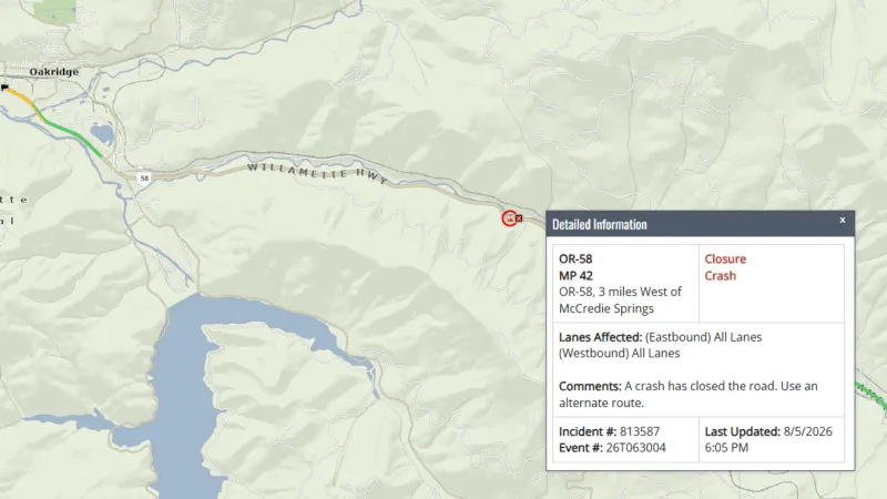Oregon Highway 58 closed near McCredie Springs after crash; extended closure expected