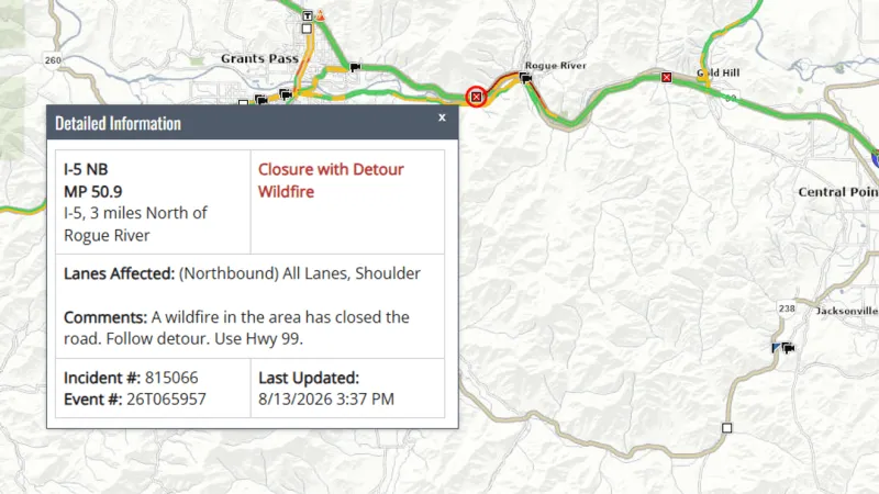 Wildfire closes 1 lane of NB I-5 north of Rogue River; traffic detoured to Hwy 99