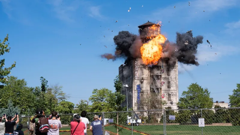 Centennial Mills water tower explodes in planned demolition in Portland's Pearl District