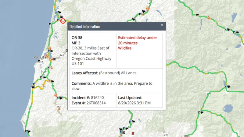 Wildfire causing delays on OR-38 in Coos County