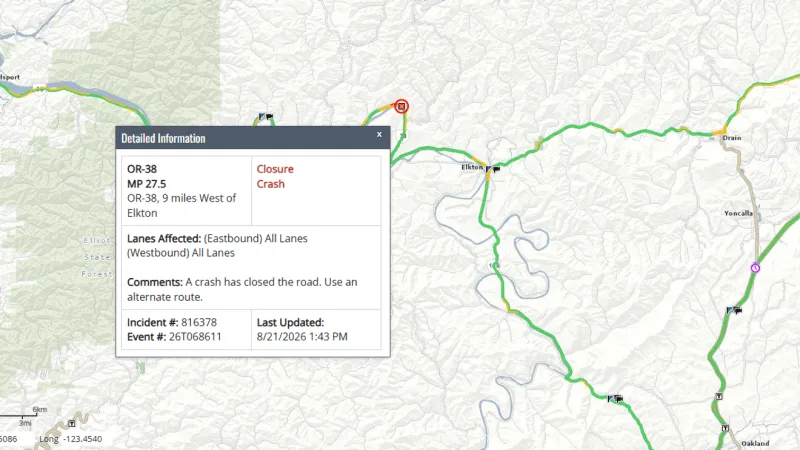 Multi-vehicle crash blocks Hwy 38 west of Elkton, delays expected