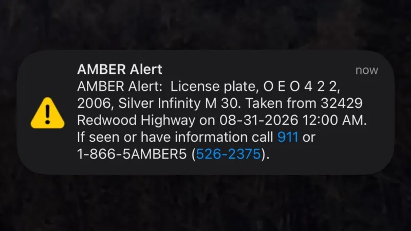 AMBER Alert issued for child taken from Redwood Highway; suspect vehicle plate OEO422