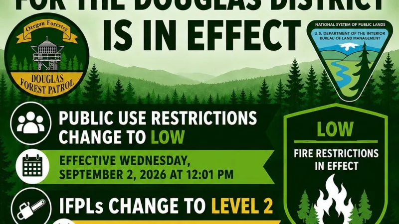Douglas Forest Protective Agency lowers Public Use Restriction Level for fires to "Low"