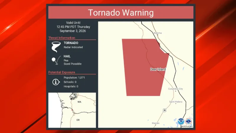 Tornado Warning issued for parts of Columbia County near St. Helens