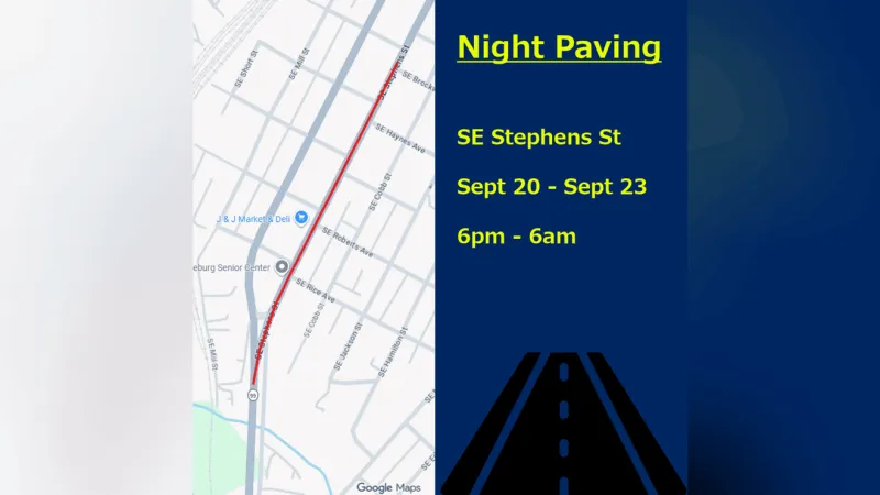 Night paving on SE Stephens Street begins Sunday in Roseburg