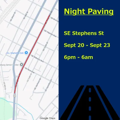 NIGHT PAVING ON SOUTHEAST STEPHENS STREET IN ROSEBURG BEGINS SUNDAY